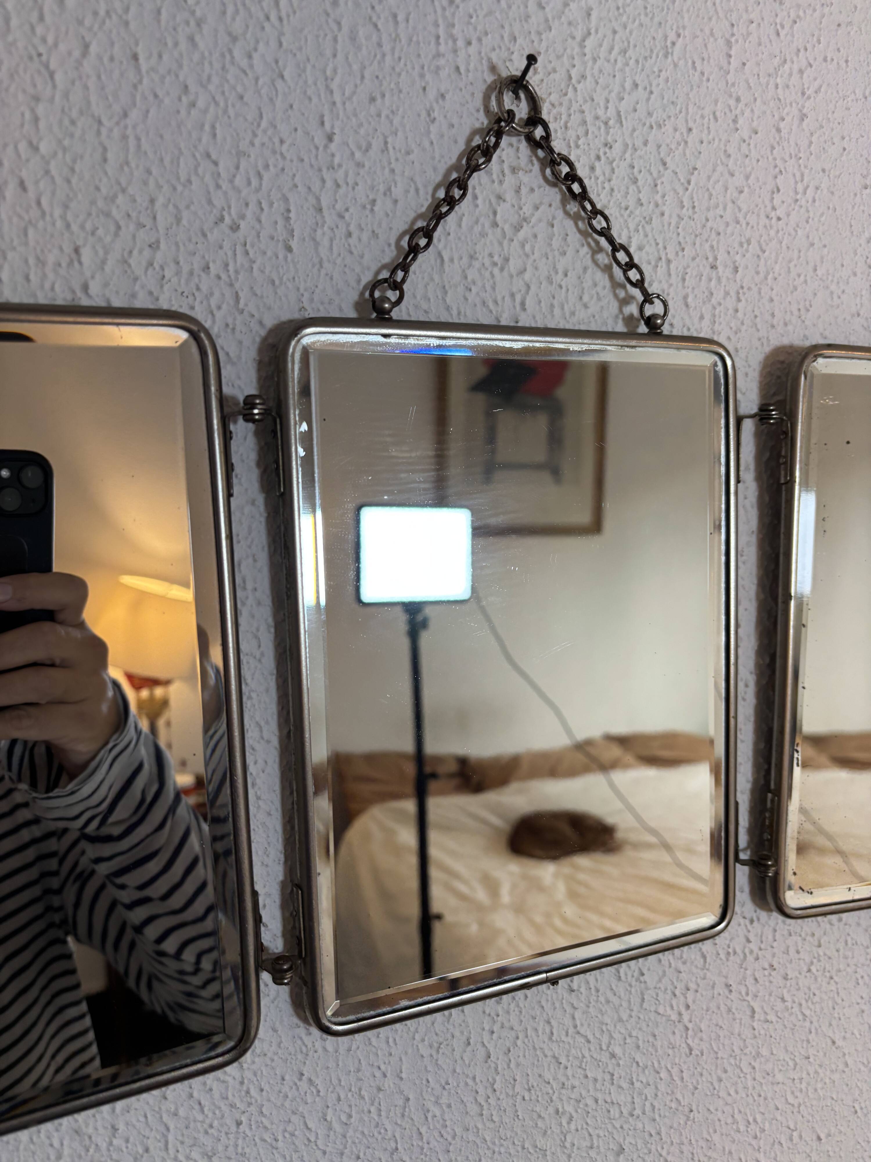Vintage 1930s triptych barber mirror, beveled black crystal - 25 x 59 cm