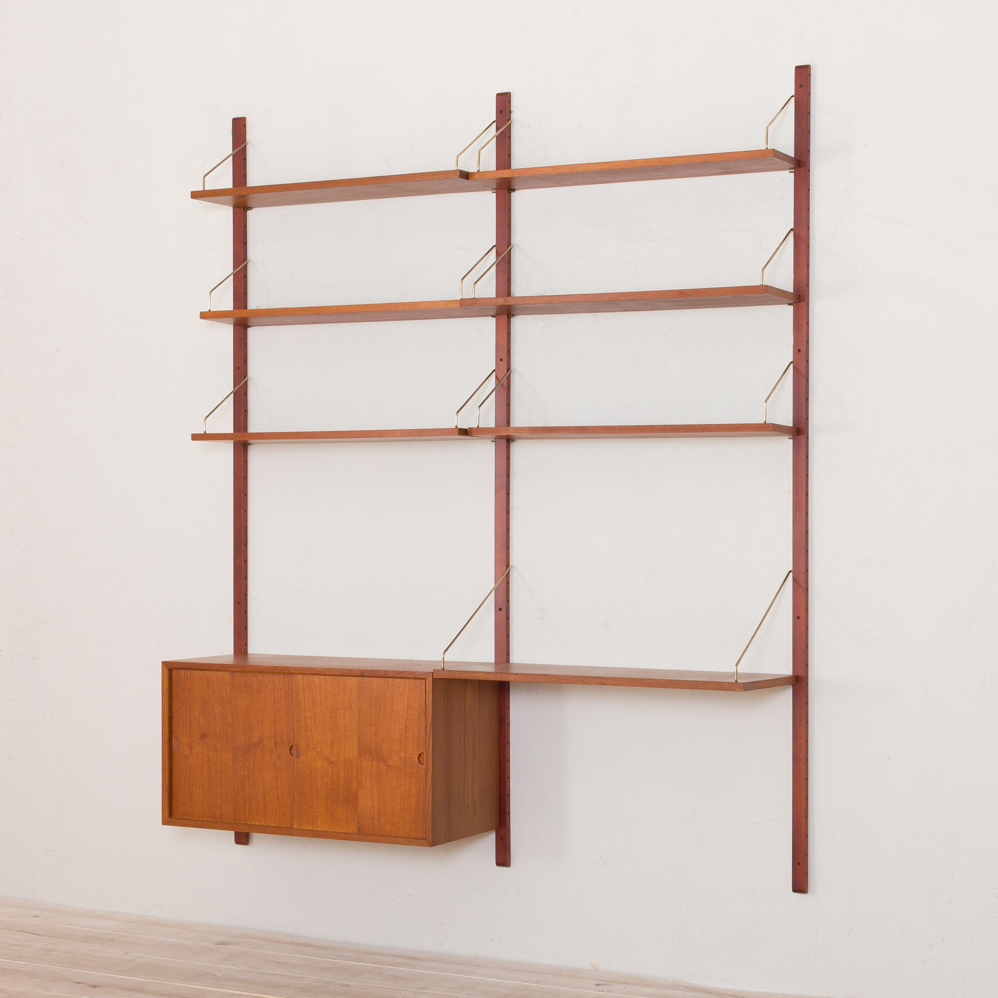 Teak wall unit 6 shelves with desk and cabinet