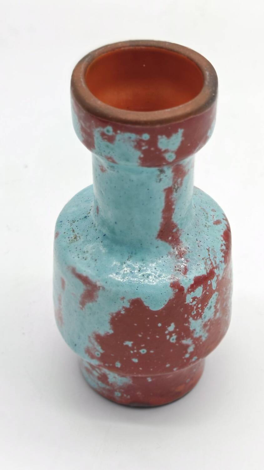Small designer vase in oxblood red and turquoise blue