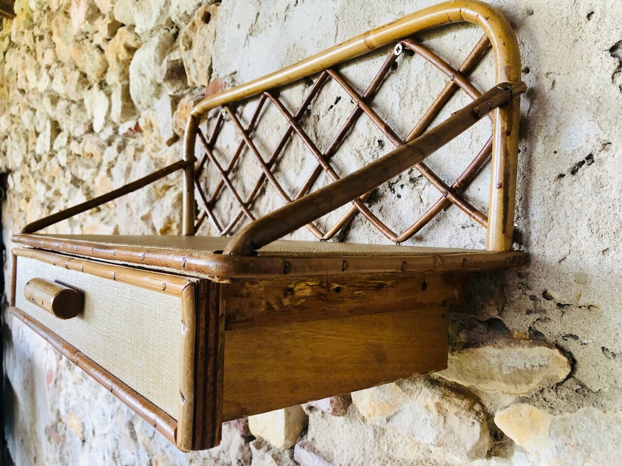 Vintage rattan wall shelf with storage, Circa 60