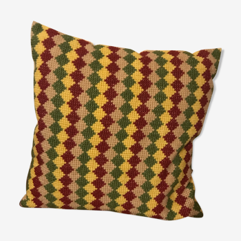 Coussin laine vintage vert jaune rouge beige