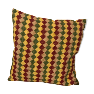 Coussin laine vintage vert jaune rouge beige