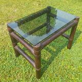 Table d'appoint vintage bambou verre fumé