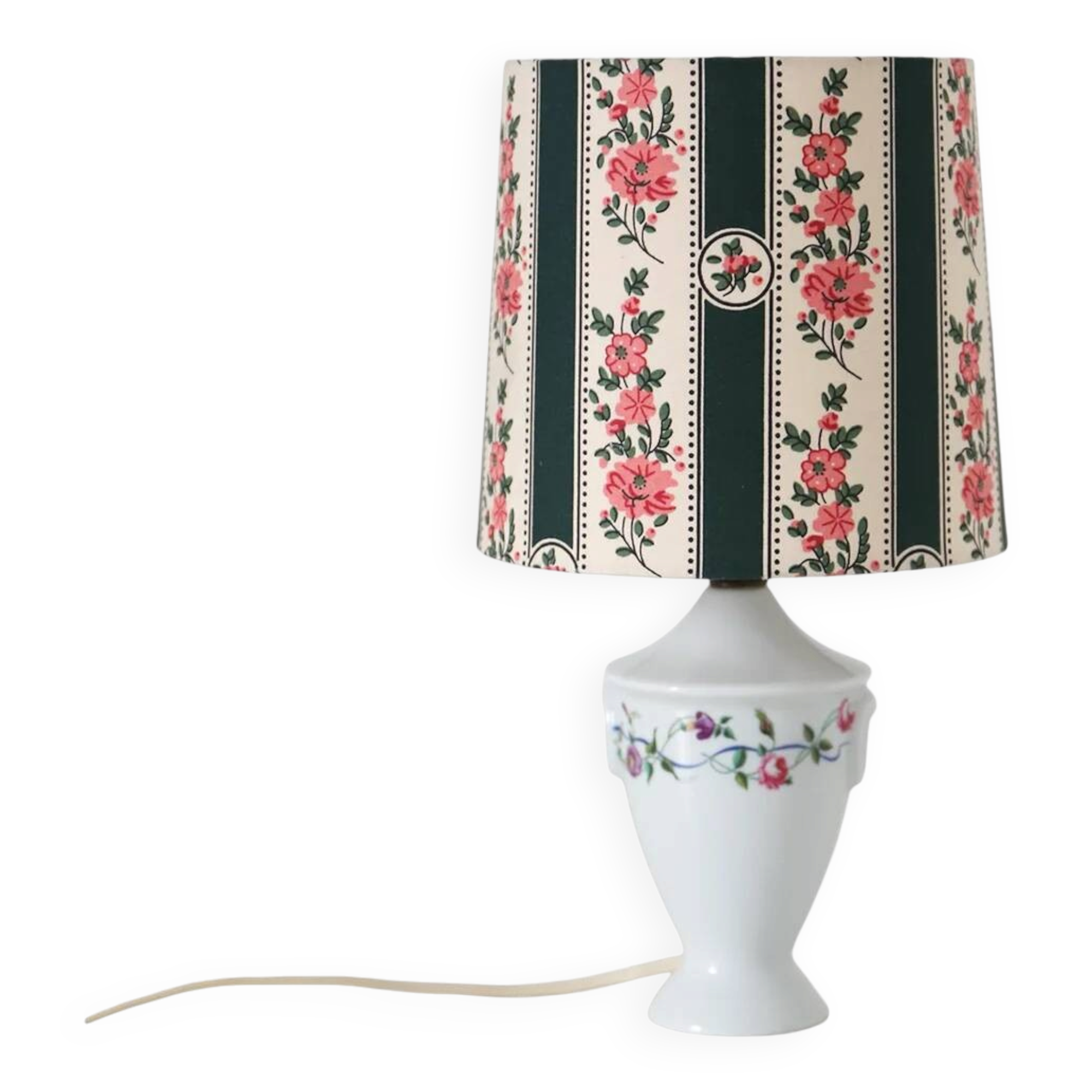 Small recycled vintage lamp — porcelain base, floral shade