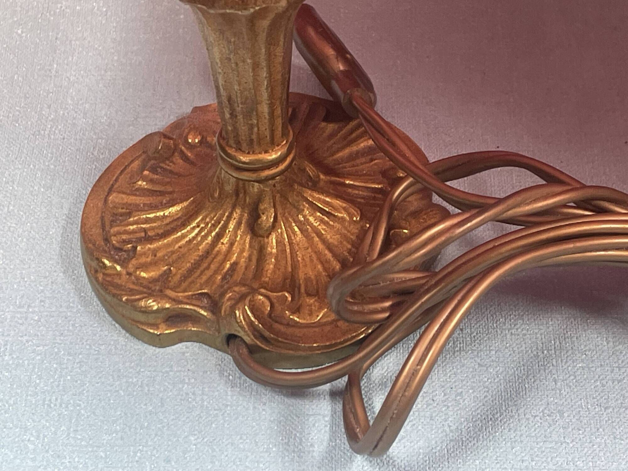 Pair of brass foot lamps, haloed but acceptable lampshades H 33 cm