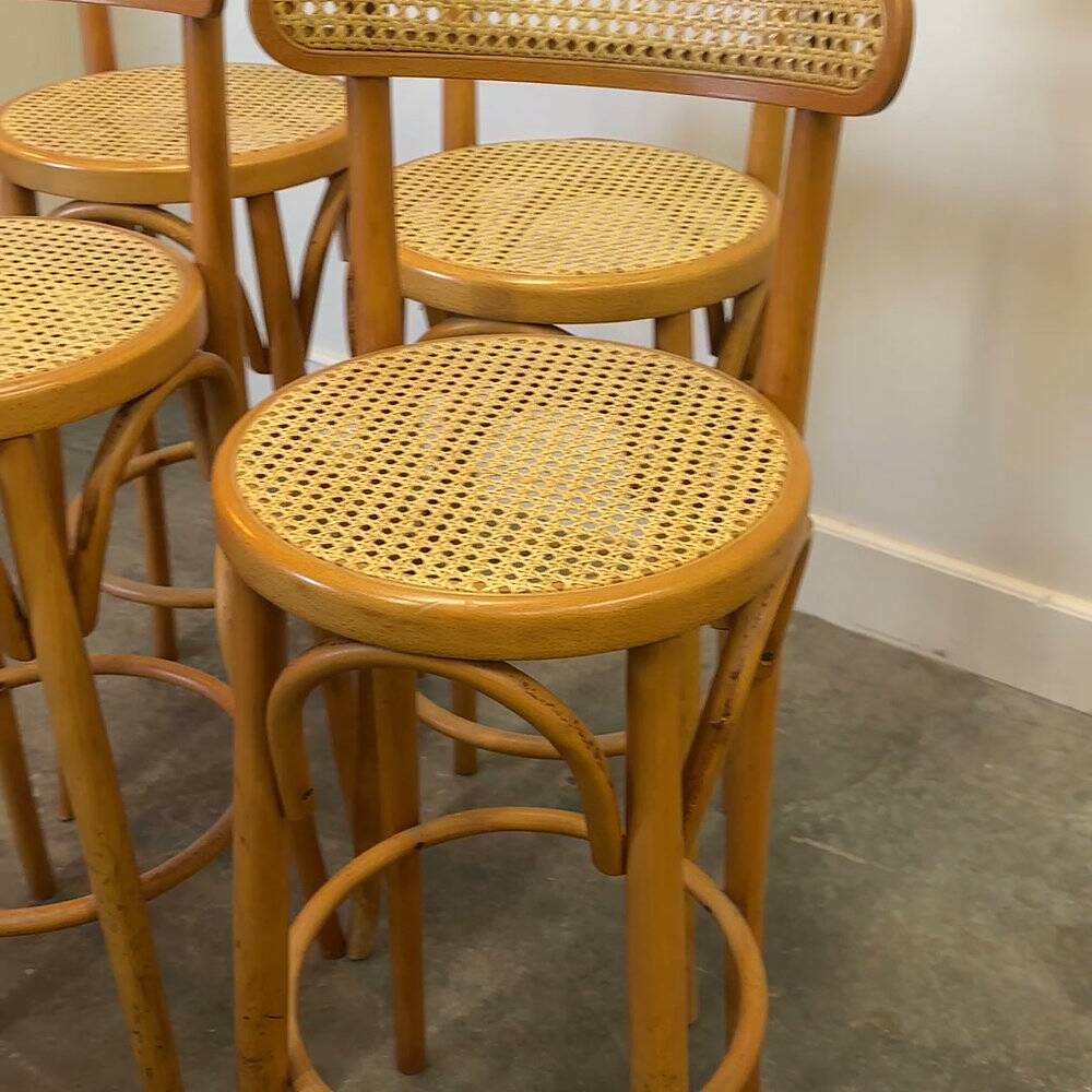 Set of 4 vintage Italian bentwood & cane bar stools, 1970s