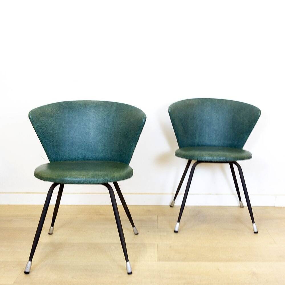 Set of Spanish Iron and Green Skai Club Chairs, 1960s