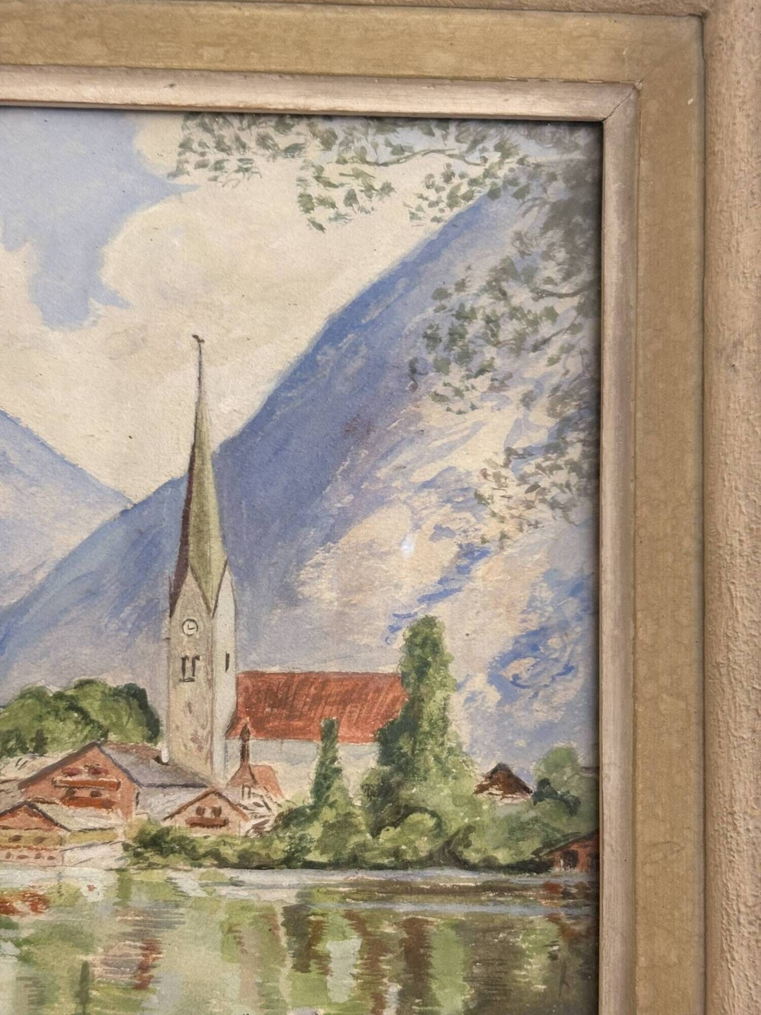 Watercolour Painting of a Village by the Lake Charpentier Mountain
