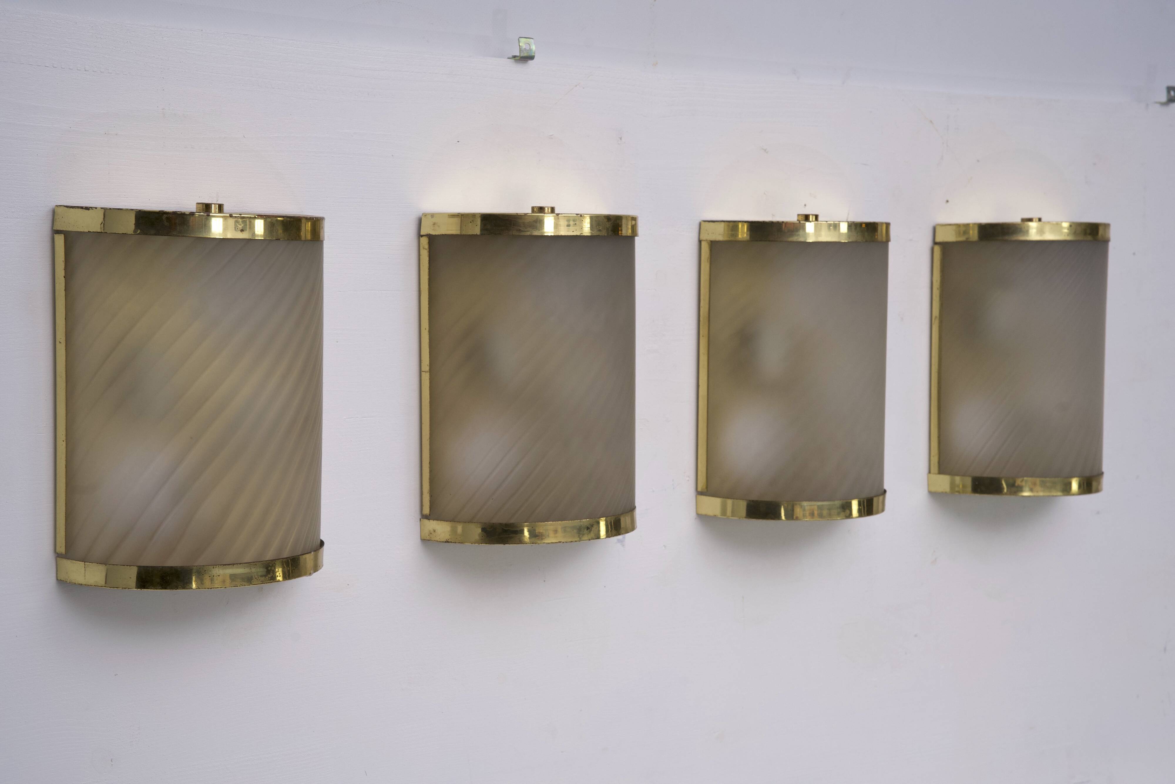 Rare Set of Four Valentino Brass and Etched Glass Wall Sconces, Italy 1980s