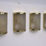 Rare Set of Four Valentino Brass and Etched Glass Wall Sconces, Italy 1980s