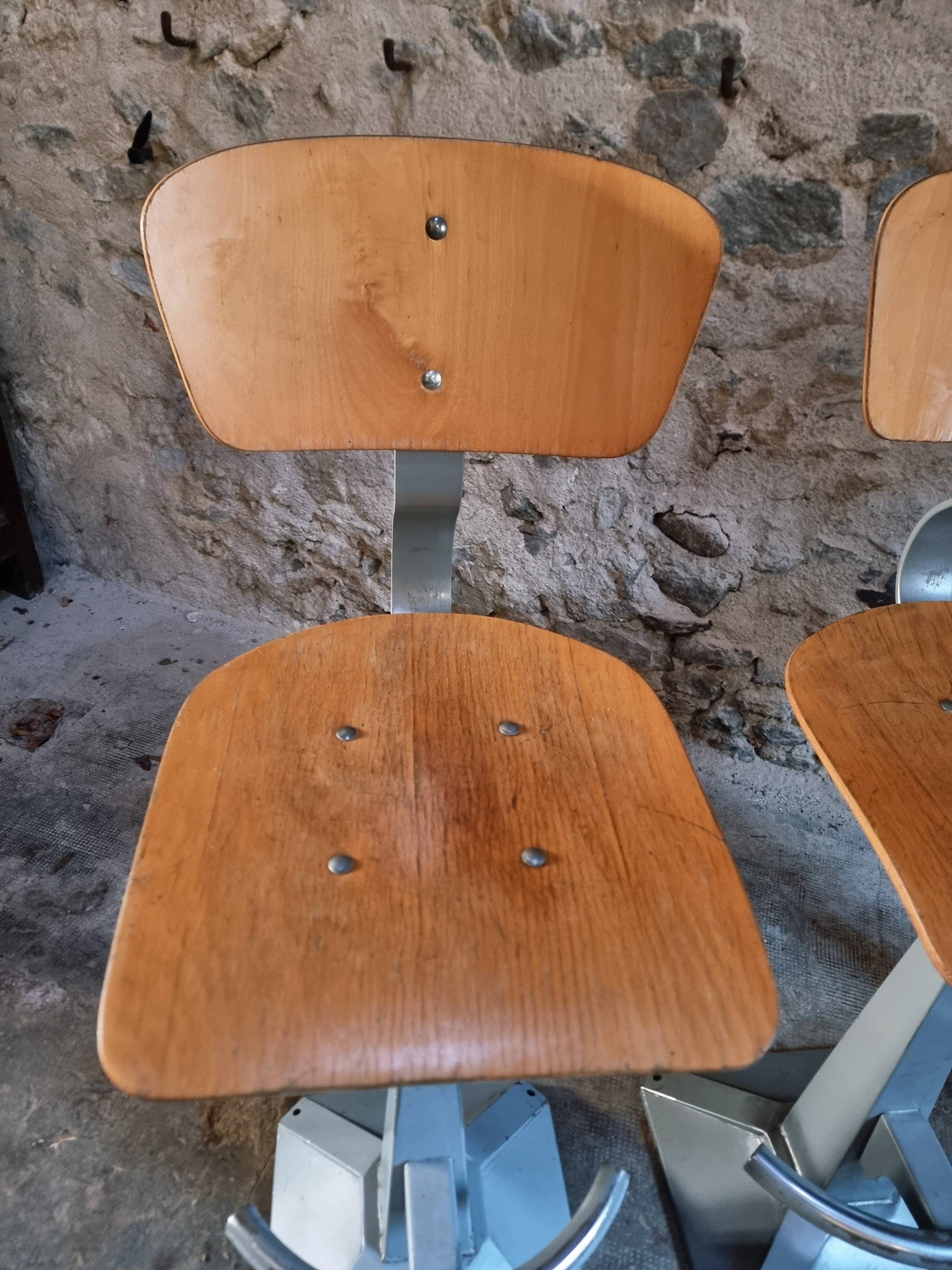 Set of 3 industrial swivel workshop chairs – fixed height bar stools – mid-century factory seats