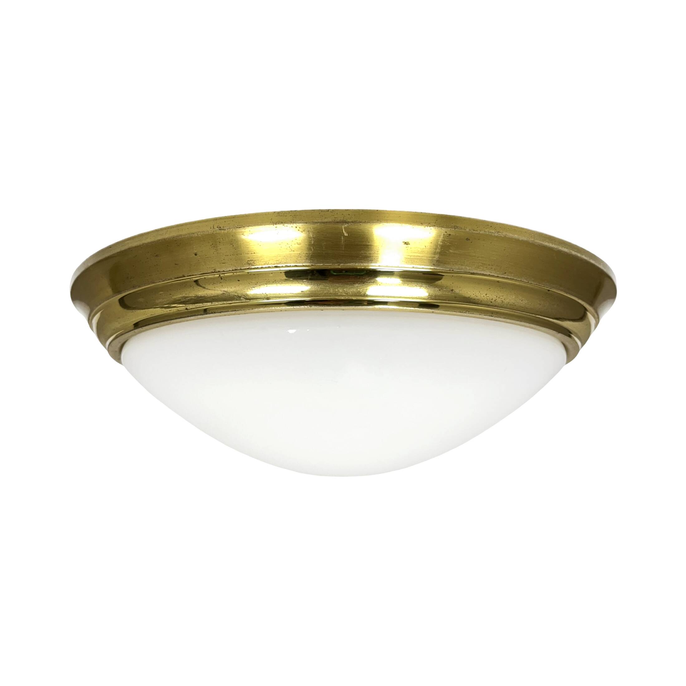 Plafonnier rond Glashütte Limburg des années 1970, en verre de laiton.