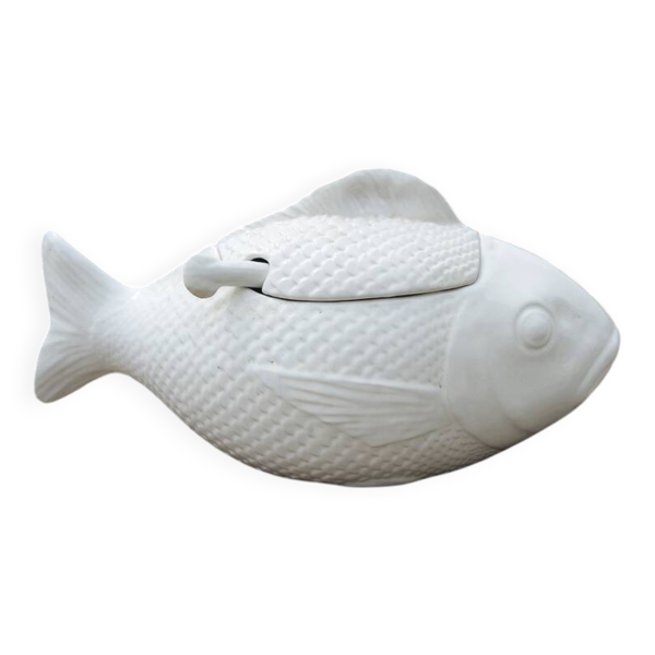 Ancienne soupière poisson en céramique blanche