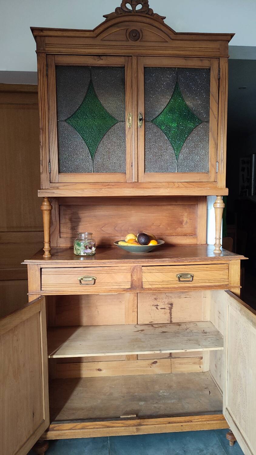 2-part wooden and stained-glass sideboard