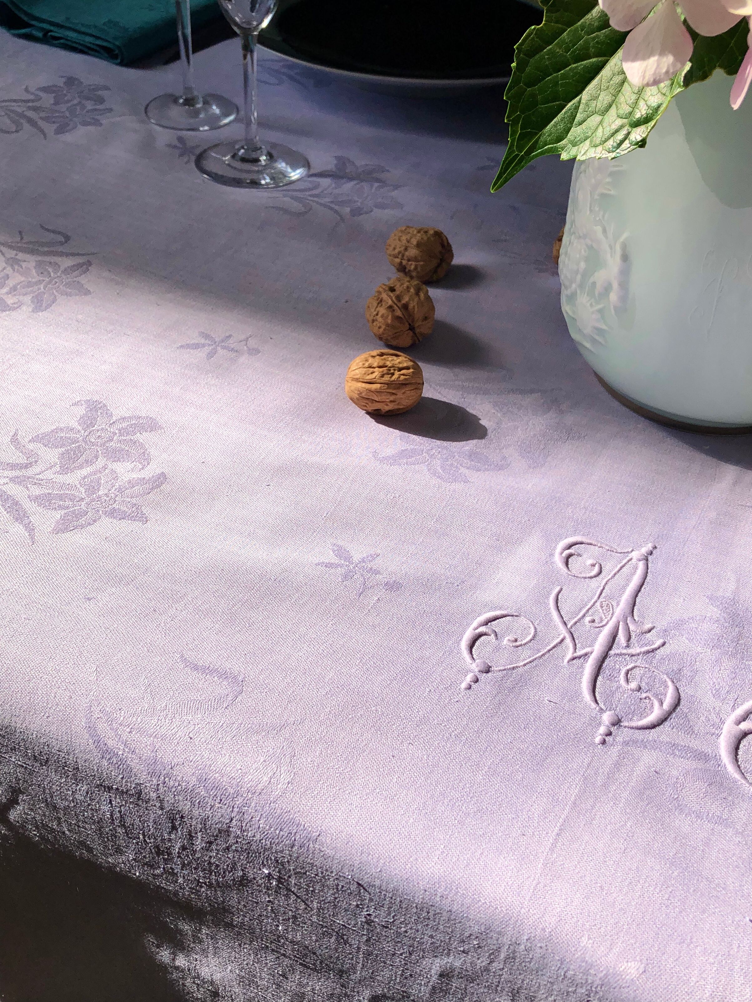 Old linen tablecloth and lilac-tinted silk