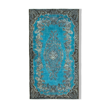 Hand-knotted hi-low pile oriental 1970s 177 cm x 321 cm blue carpet