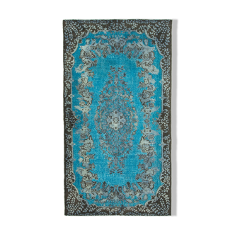 Hand-knotted hi-low pile oriental 1970s 177 cm x 321 cm blue carpet