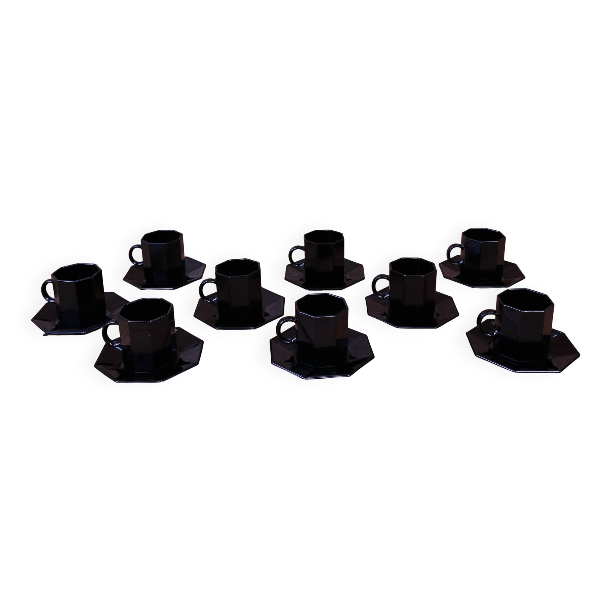 Set of 9 black coffee cups and saucers ARCOROC "Octime"