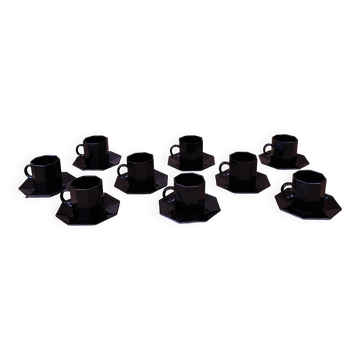 9 tasses à café et sous tasses noir Arcoroc modèle Octime