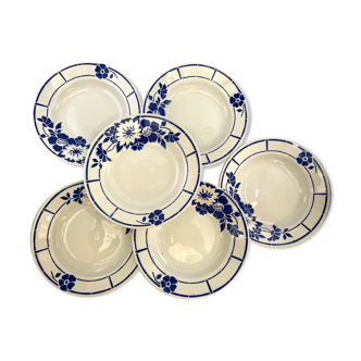 6 assiettes creuses vintage blanc fleur bleue Ceranord