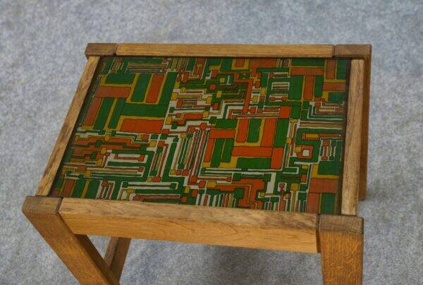 Solid oak side table with fabric decoration top