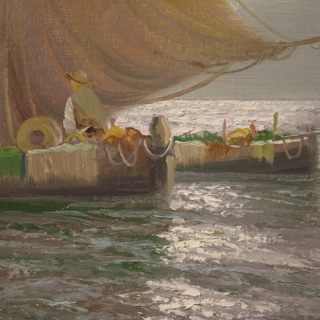 Seascape painting signed Remo Testa, fishermen at dawn