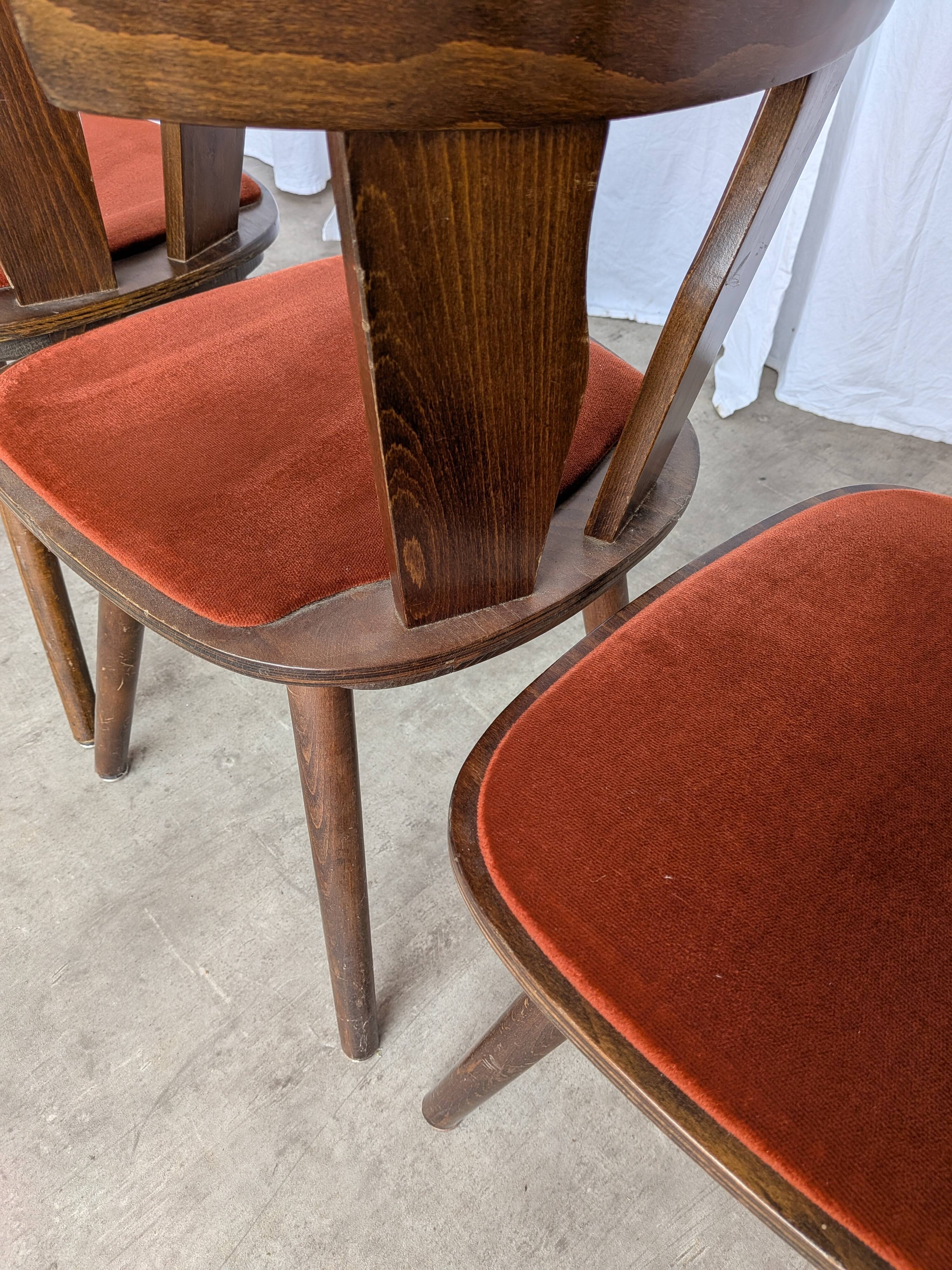 Vintage Tyrolean Dining Chairs: Set of 4, Red Fabric Seat, 1970s