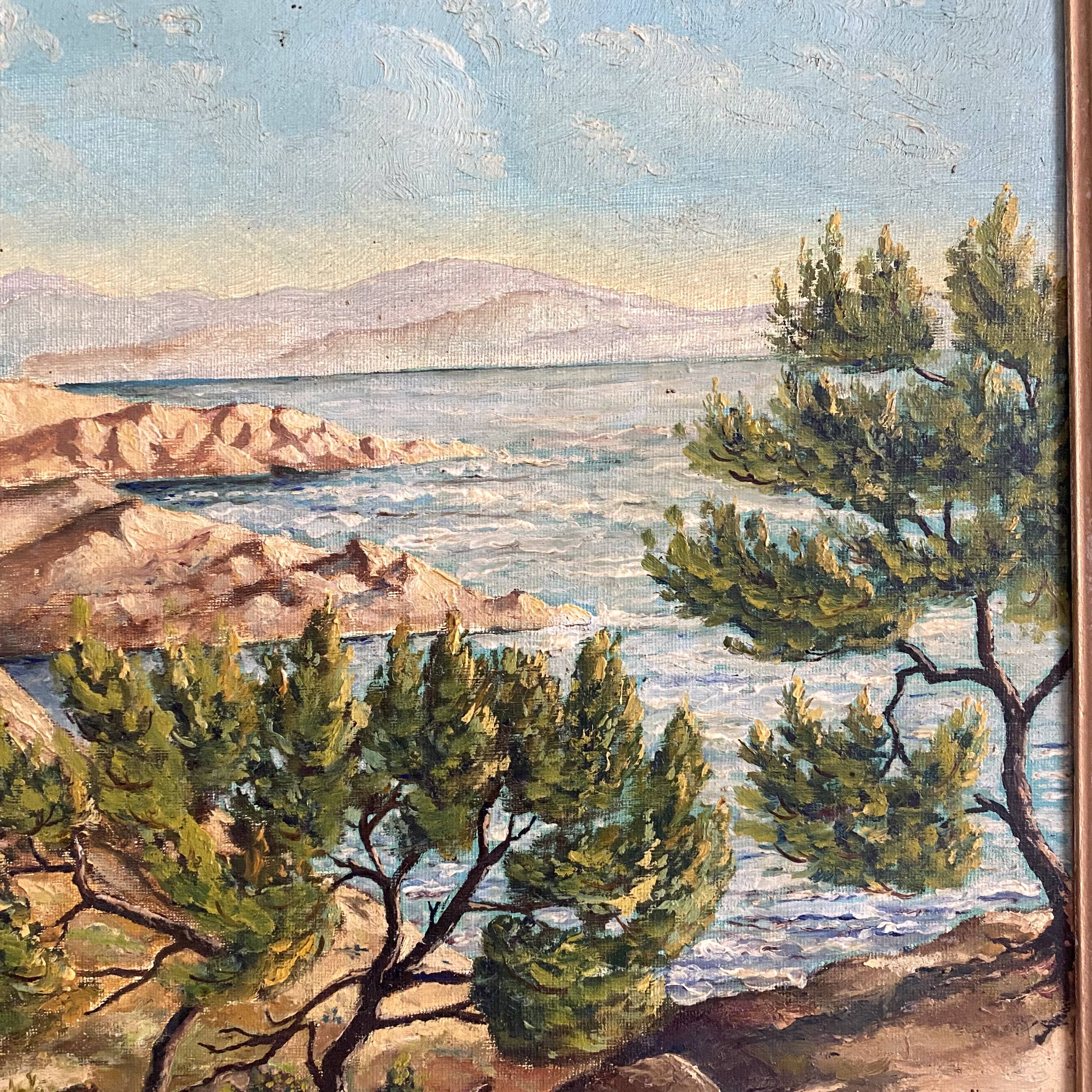 Seaside painting of the Mediterranean, oil on cardboard signed A. Alauzen.