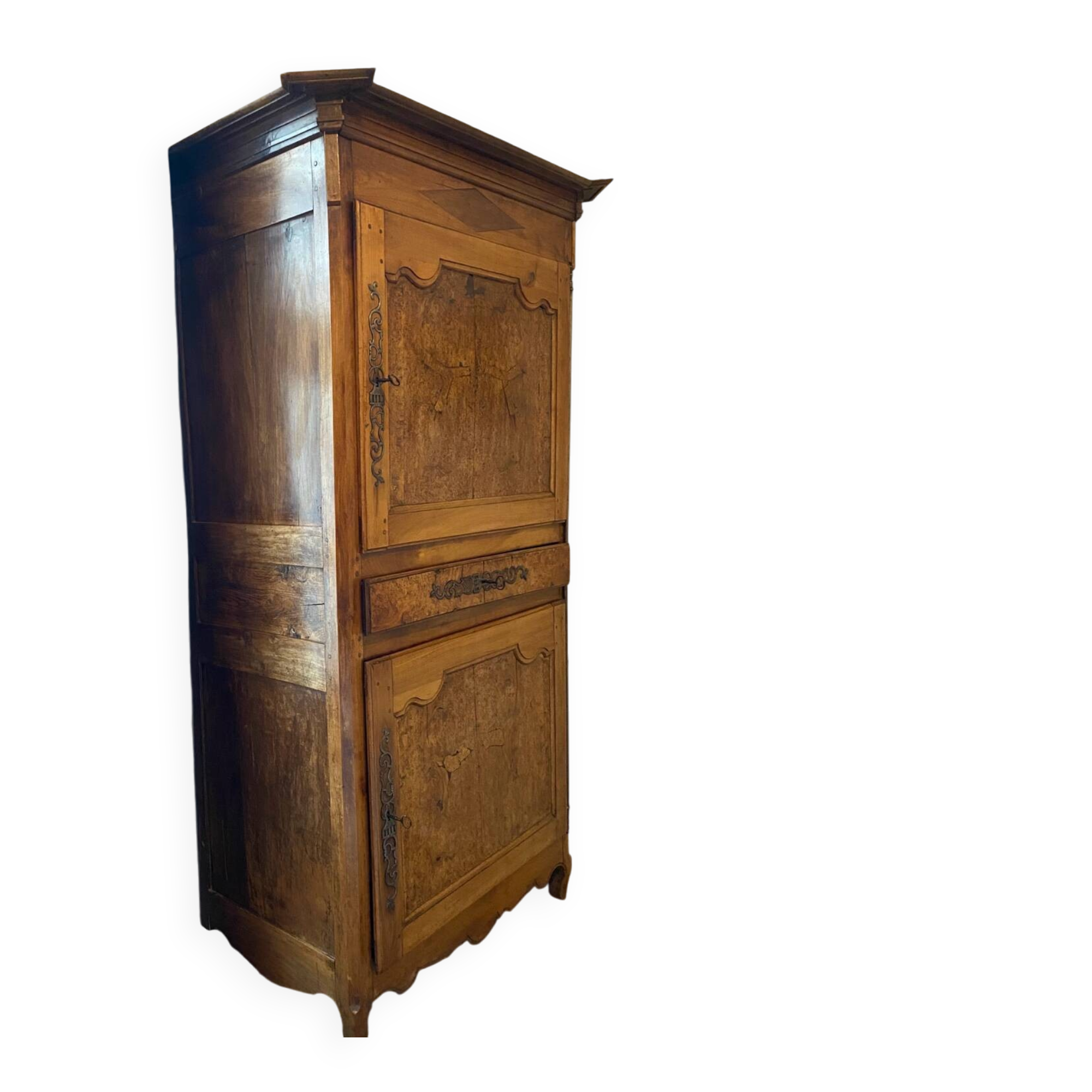 Antique solid wood wardrobe - burl panels and fittings