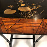 Series of three nesting tables, lacquer decorated with trendy birds and marquetry. circa 1900