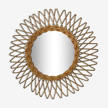 Sun mirror in braided rattan. 1960. 50cm.