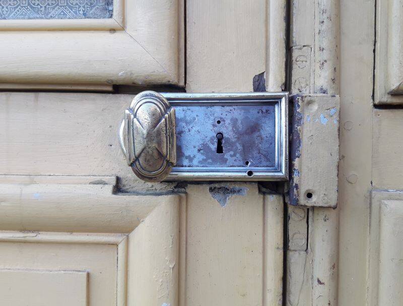 19th century double arched entrance door in oak with grilles and old glass