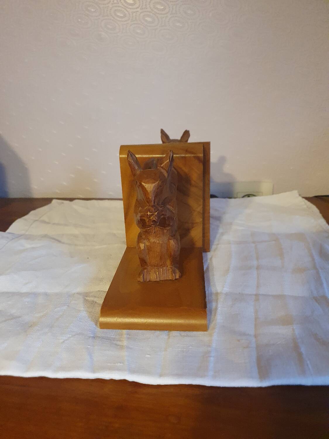 Vintage hand-carved wooden squirrel bookend