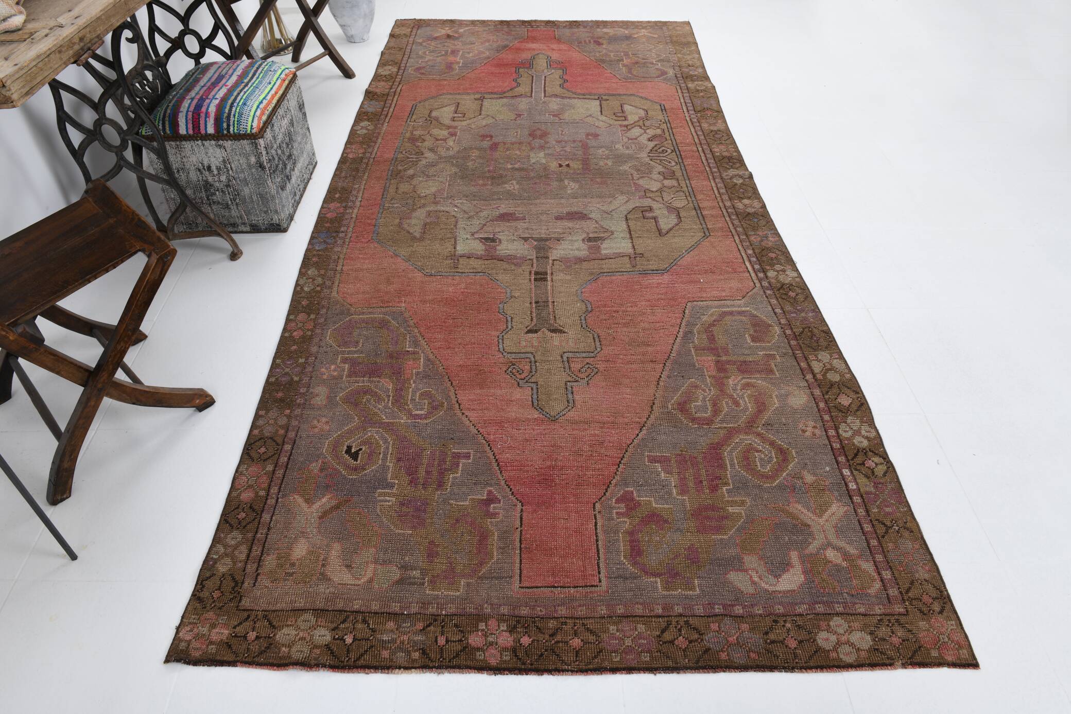 5x11 Rug For Living Room Red Brown Turkish Vintage Rug 150x338Cm