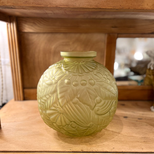 Large Art Deco ball vase in frosted glass ocher yellow