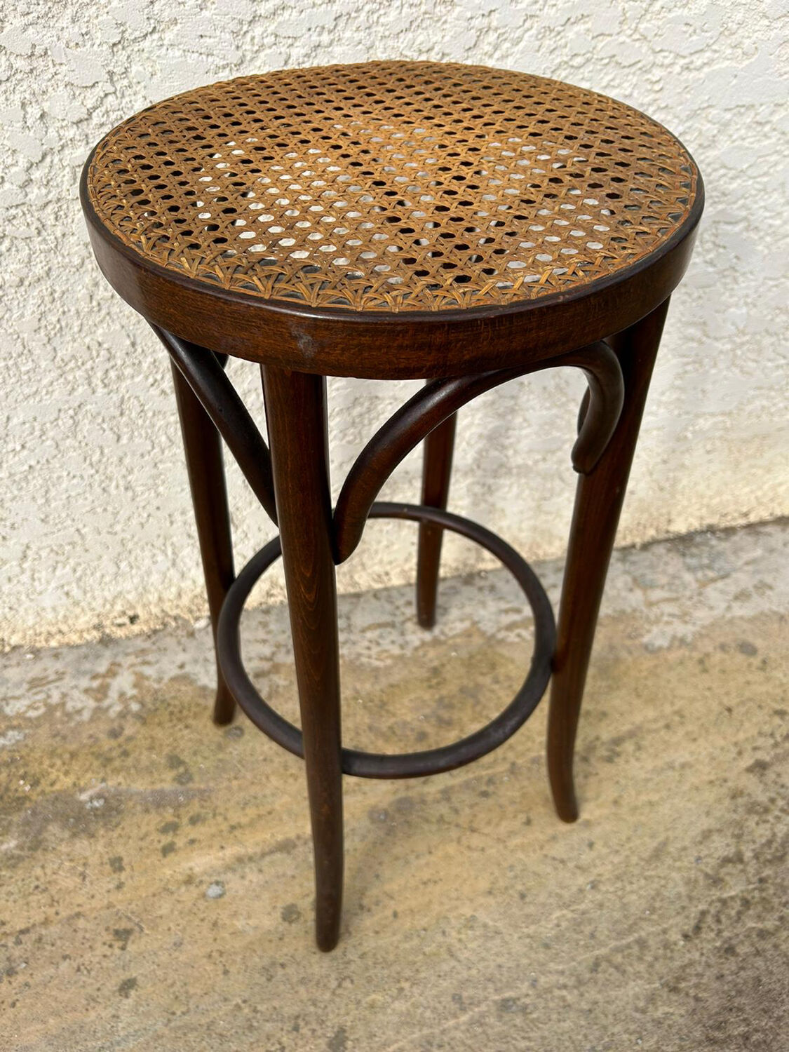 Tabouret de bar vintage en bois & cannage