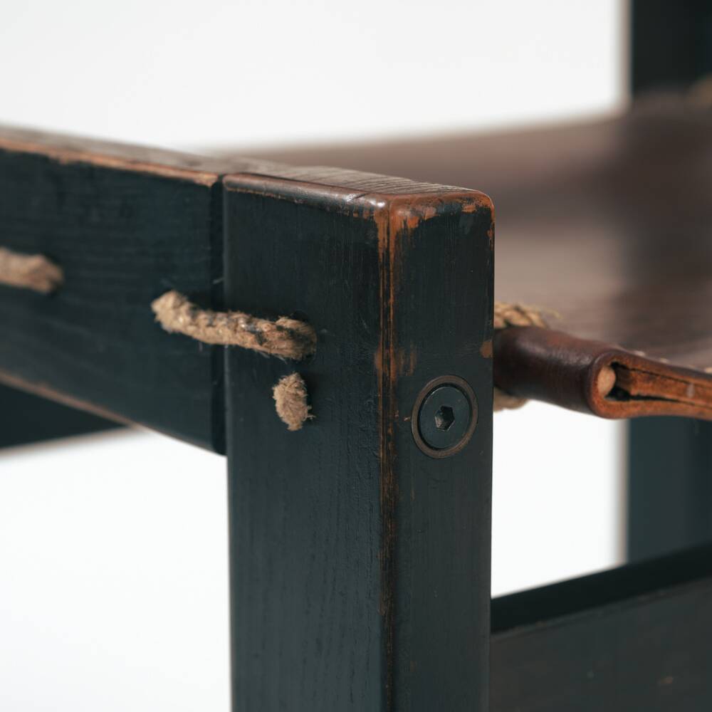 Vintage Brutalist Hide Leather and Wood with Rope Dining Chairs, Set of 2