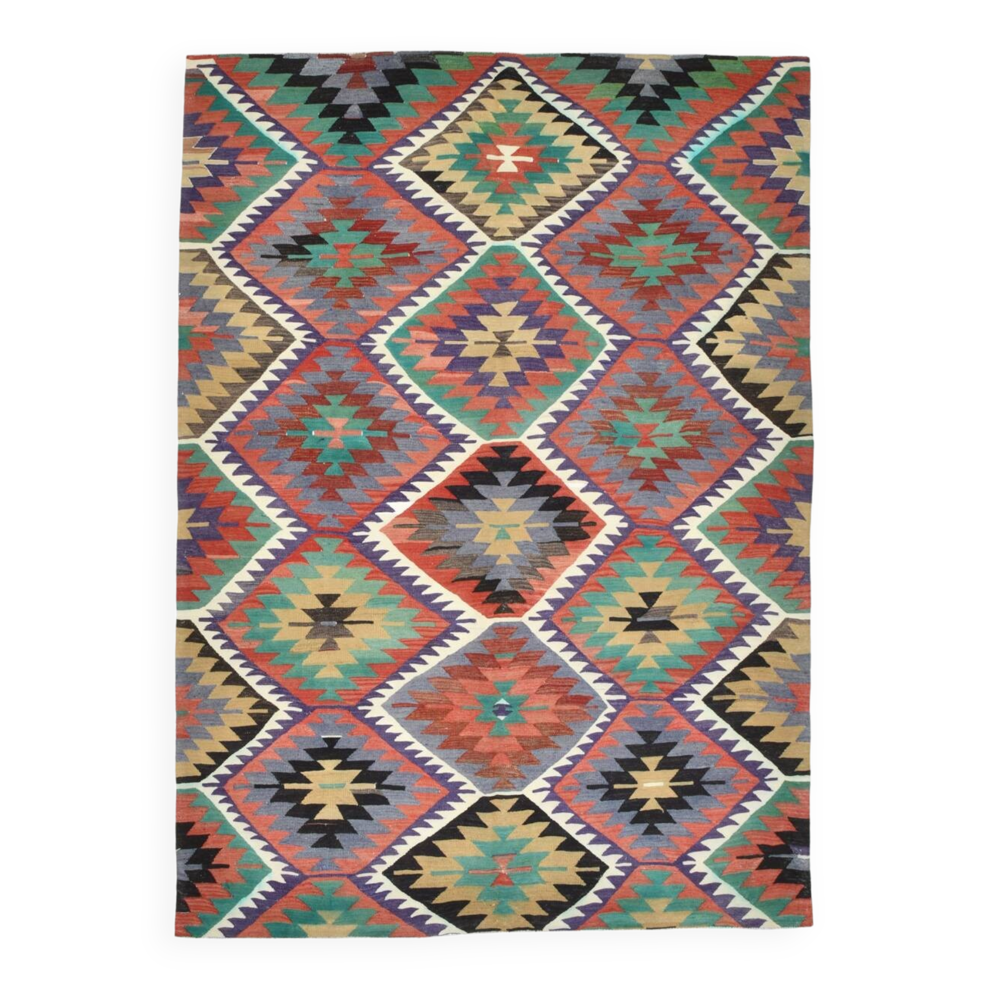 6x7 Kilim Multicolor Geometric Style Anatolian Kilim Rug, 166x230 Cm