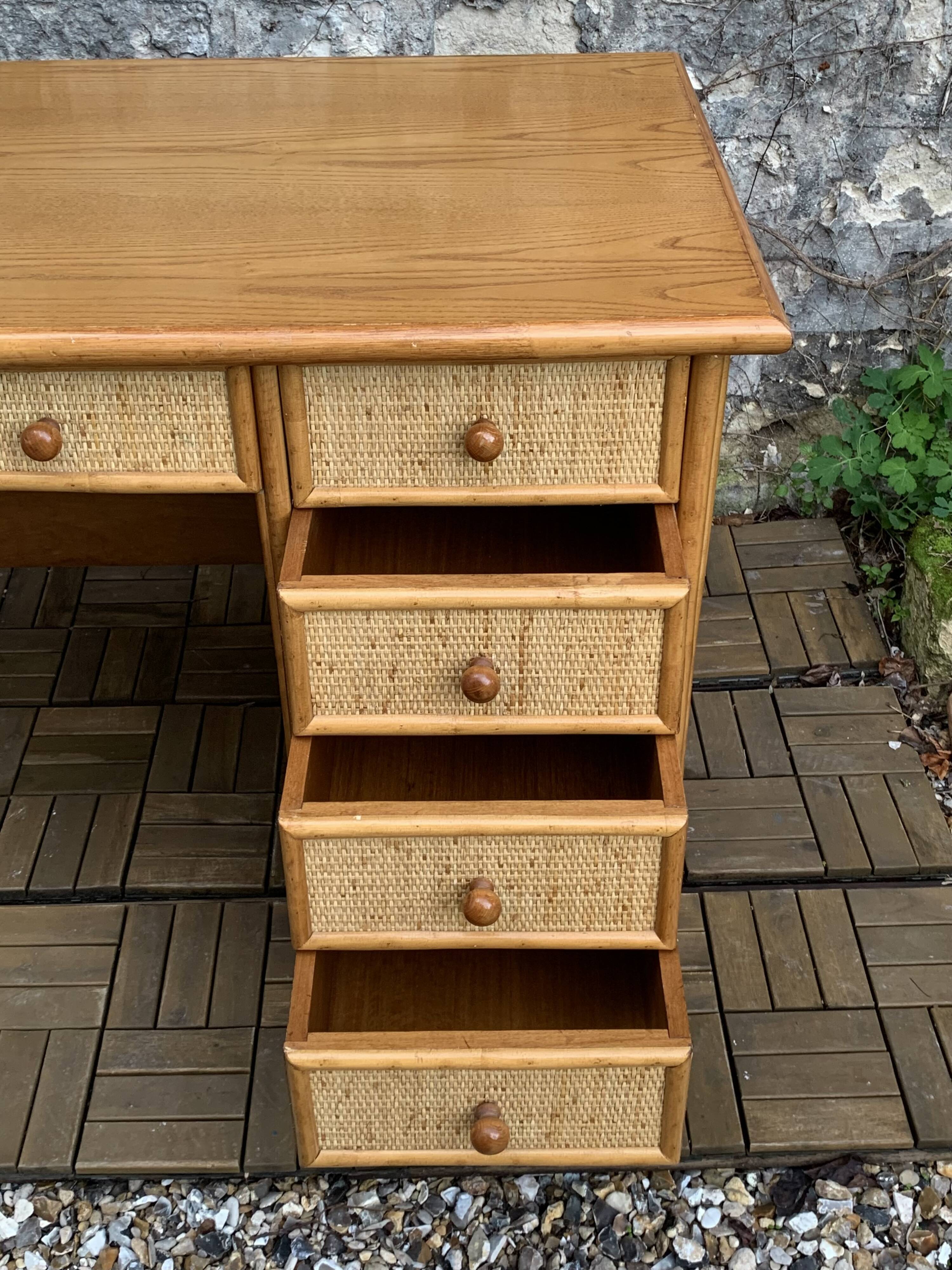 Vintage rattan and woven wicker desk 1970