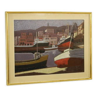 Peinture signée italienne paysage marin avec des bateaux du 20ème siècle