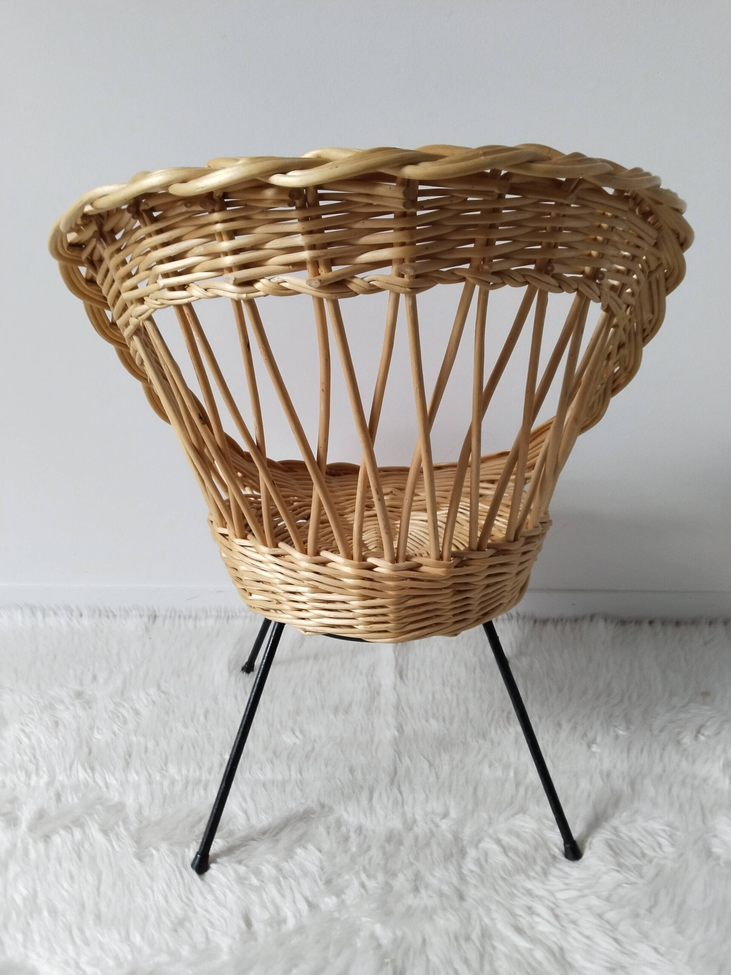Children's rattan basket armchair, metal compass legs