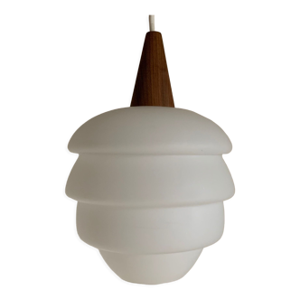 Vintage Scandinavian style opaline and teak pendant lamp