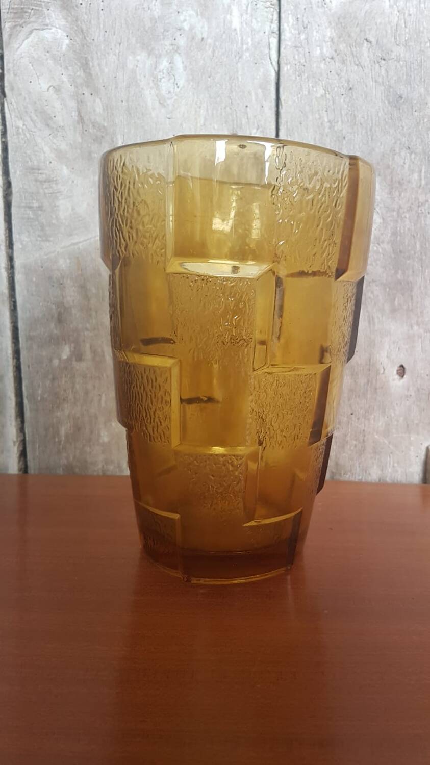 Old Art Deco Style Vase Molded Glass Orange Vintage #A696