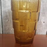 Ancien Vase Style Art Déco Verre Moulé Orange Vintage #A696