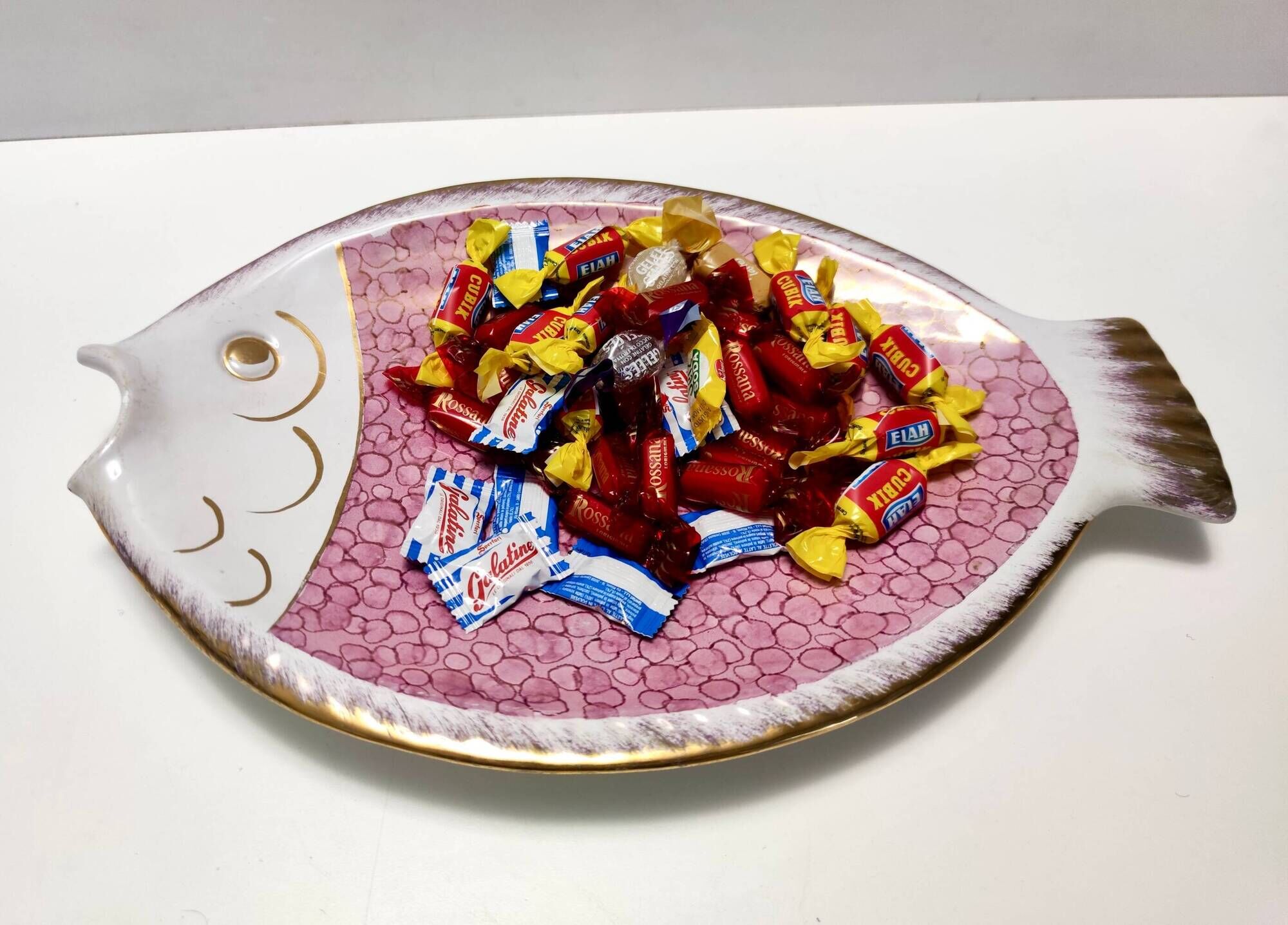 Vintage Large Ceramic Pink Fish Vide-Poche / Decorative Plate by Rometti, Italy
