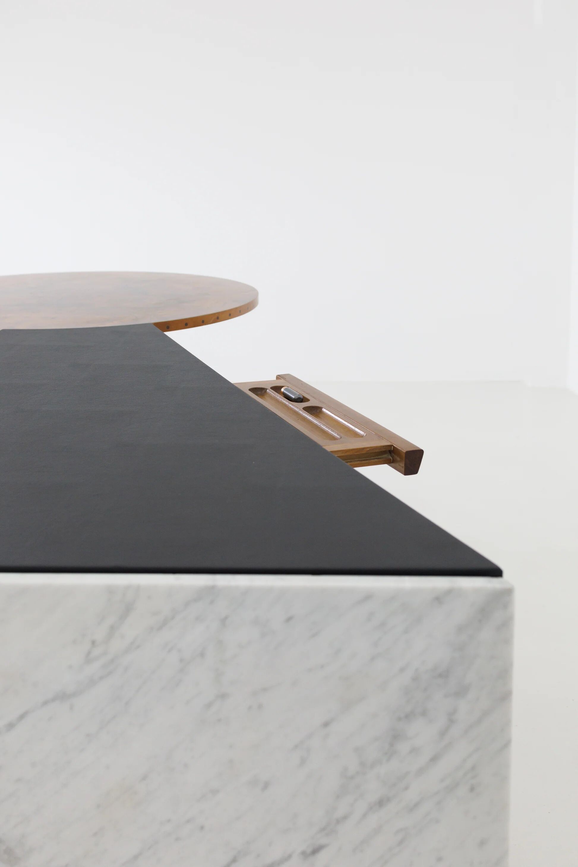 Unique desk Carrara marble & burl wood - Italy, 1980s