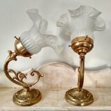 Pair of brass wall sconces and glass tulip, art nouveau style
