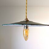 Vintage green enamelled metal suspension, antique industrial light fixture.