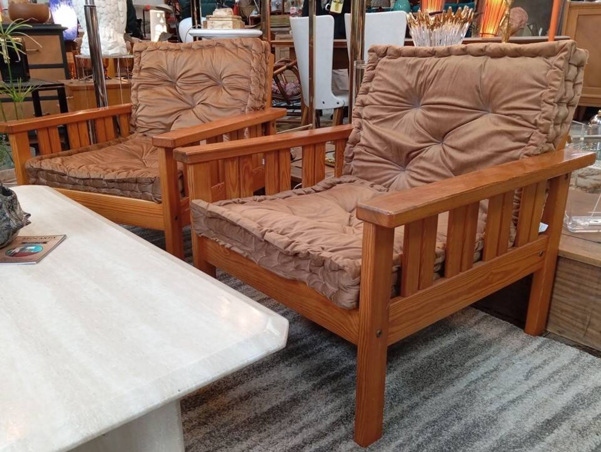 Pair of 70s pine armchairs