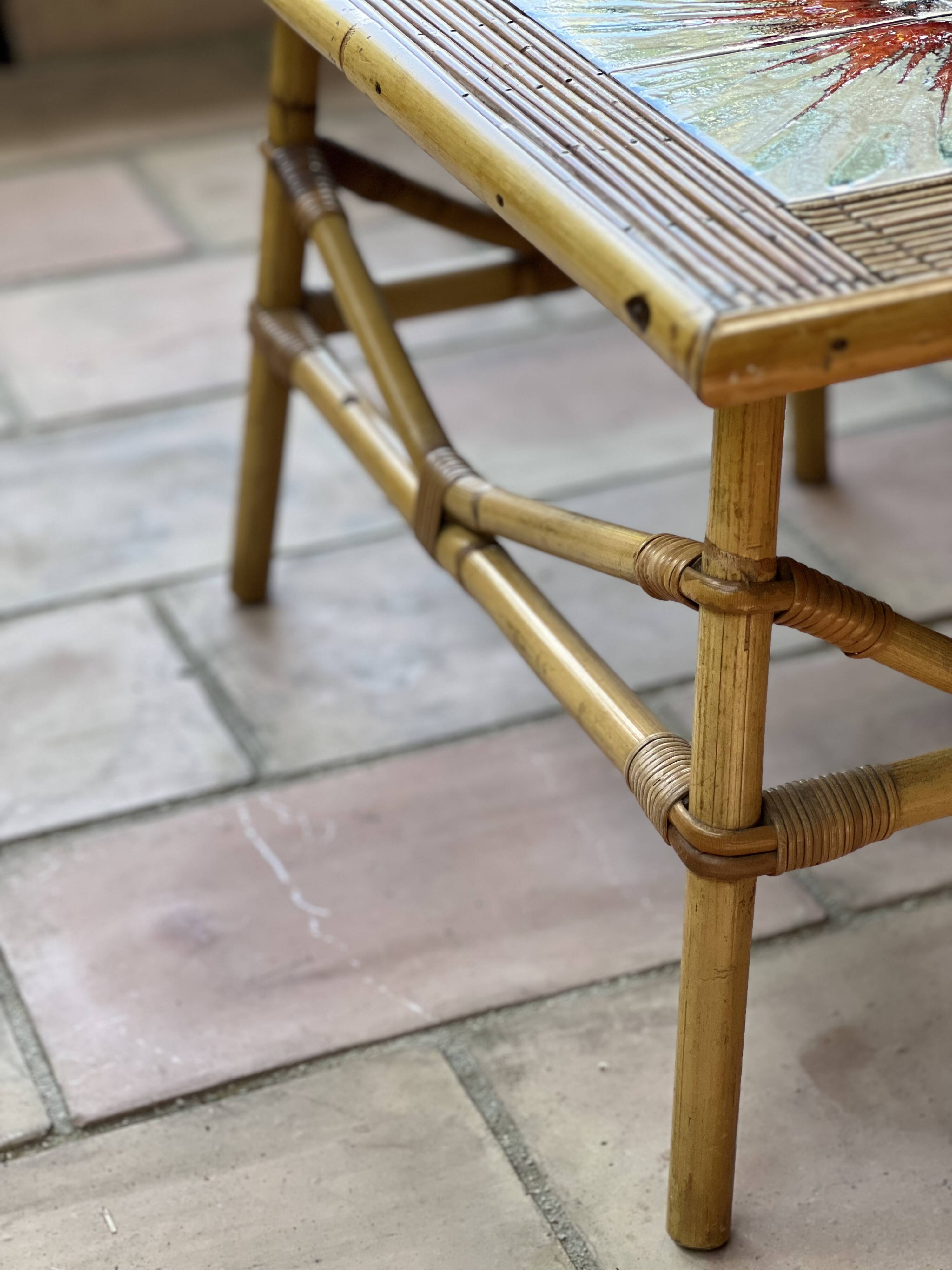 Rattan and ceramic coffee table leduc vallauris